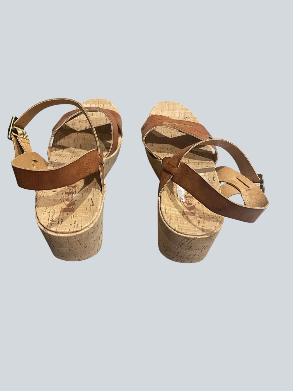 Women's Tan Cork Wedge Sandals - Strappy Comfort - Picture 2 of 6
